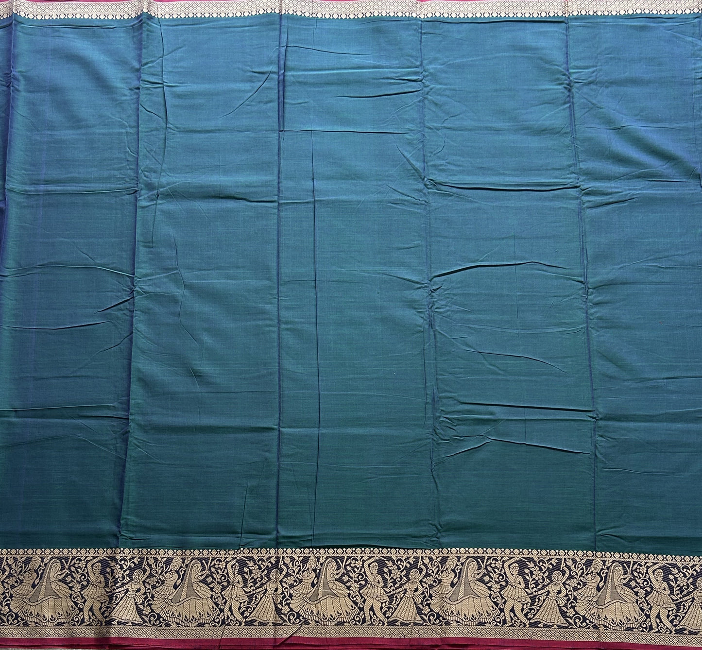 Narayanpet Cotton Saree Dark Pine Colored Complemented with a Thread Border. - Sampradaya Designer Studio