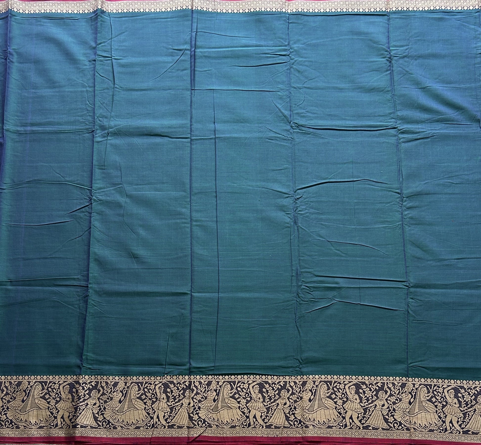 Narayanpet Cotton Saree Dark Pine Colored Complemented with a Thread Border. - Sampradaya Designer Studio