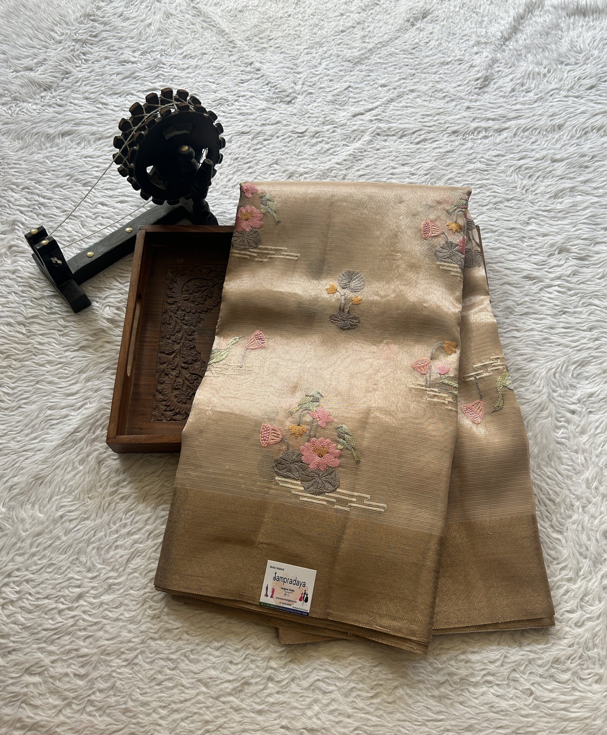 Silk kota Saree Apricot colored Elegantly Paired with a Zari Border. - Sampradaya Designer Studio