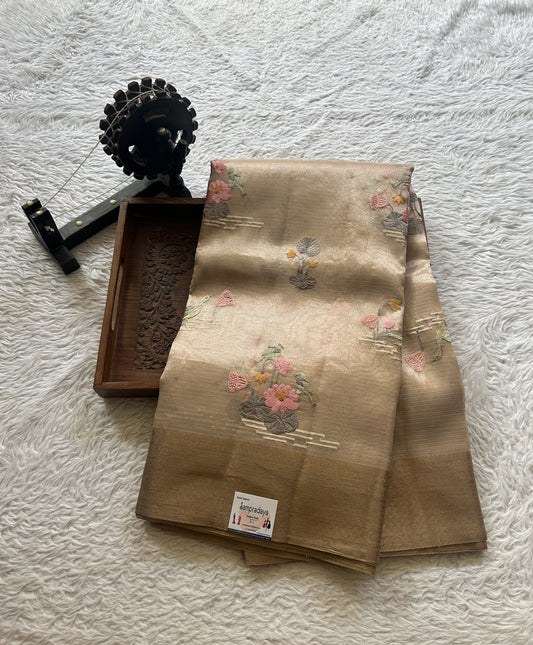 Silk kota Saree Apricot colored Elegantly Paired with a Zari Border. - Sampradaya Designer Studio