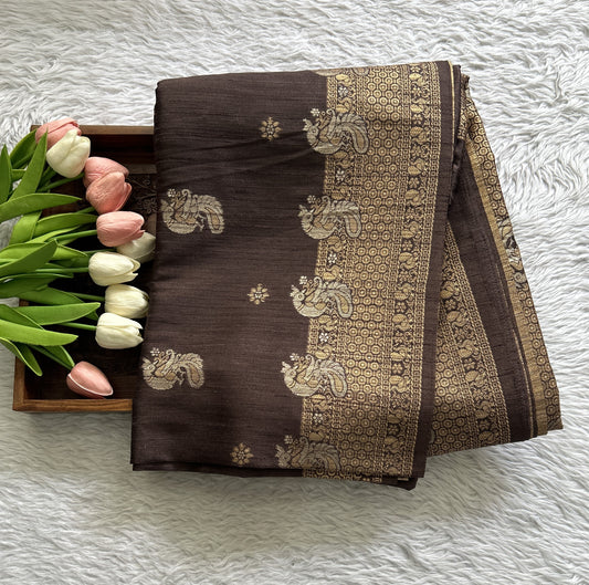 Semi Tussar Saree Snuff Colored complemented with a Zari Border. - Sampradaya Designer Studio