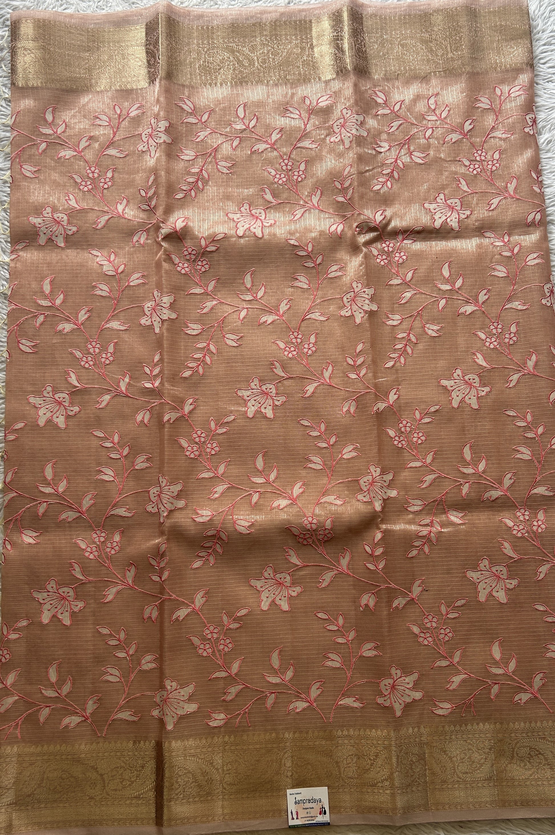 Silk kota Saree Peachy Pink colored Elegantly Paired with a Zari Border. - Sampradaya Designer Studio