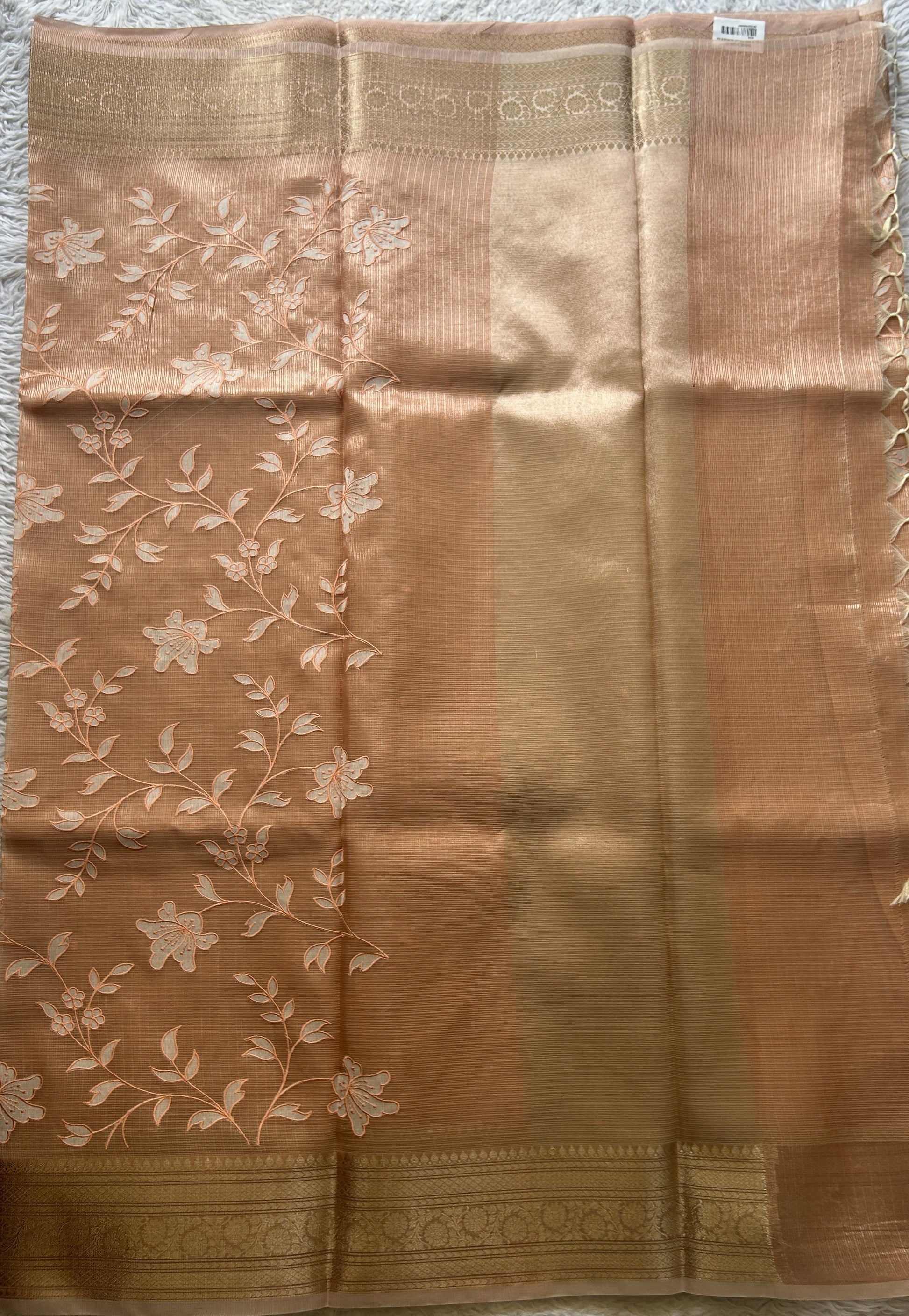 Silk kota Saree Apricot colored Elegantly Paired with a Zari Border. - Sampradaya Designer Studio