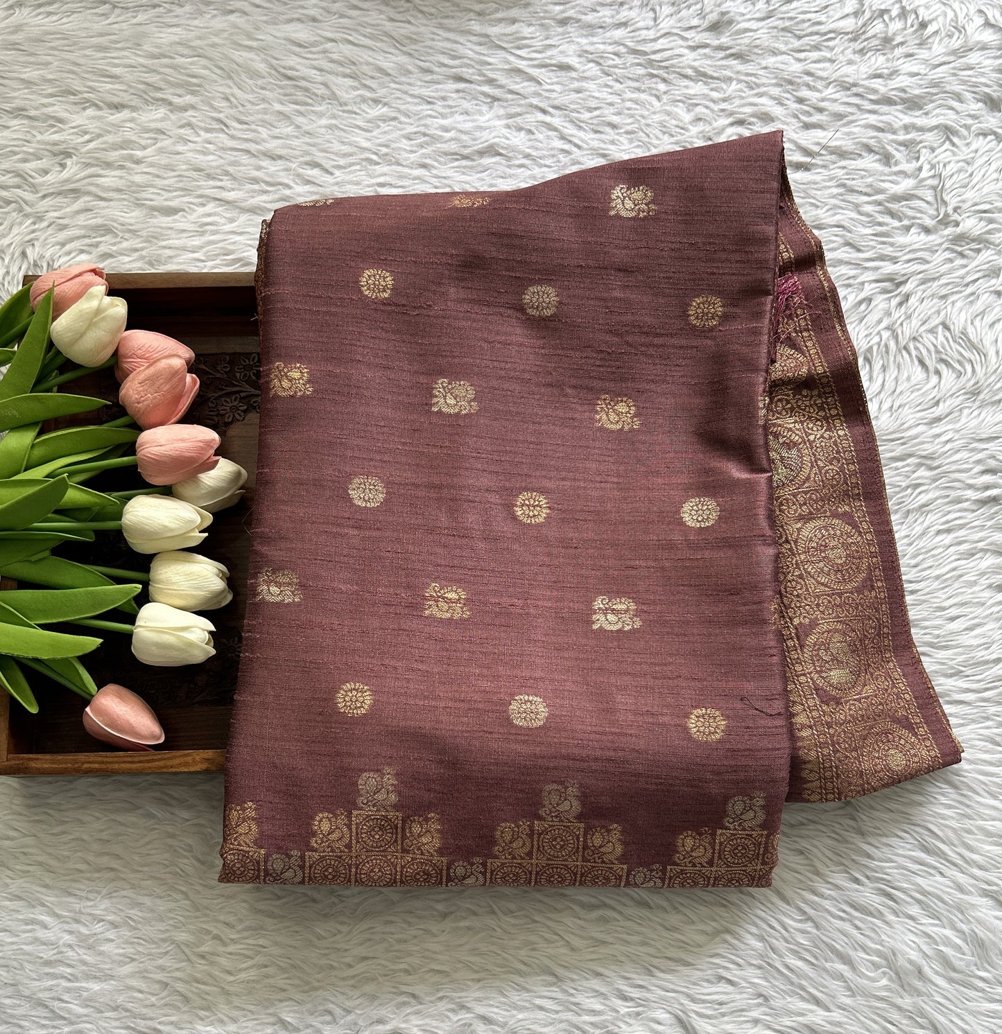Semi Tussar Saree Mauve Colored complemented with a Zari Border. - Sampradaya Designer Studio