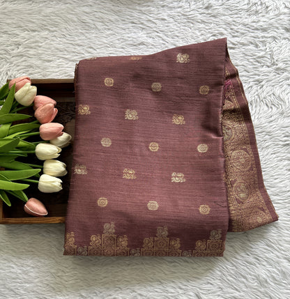 Semi Tussar Saree Mauve Colored complemented with a Zari Border. - Sampradaya Designer Studio