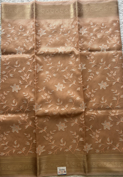 Silk kota Saree Apricot colored Elegantly Paired with a Zari Border. - Sampradaya Designer Studio