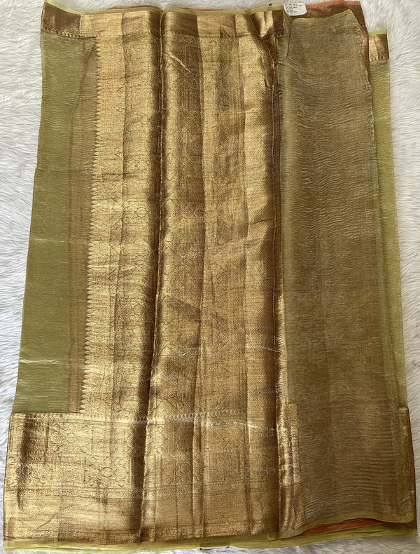 Banarasi Crushed Silk Saree Pastel Green colored Saree complemented with a Zari border. - Sampradaya Designer Studio