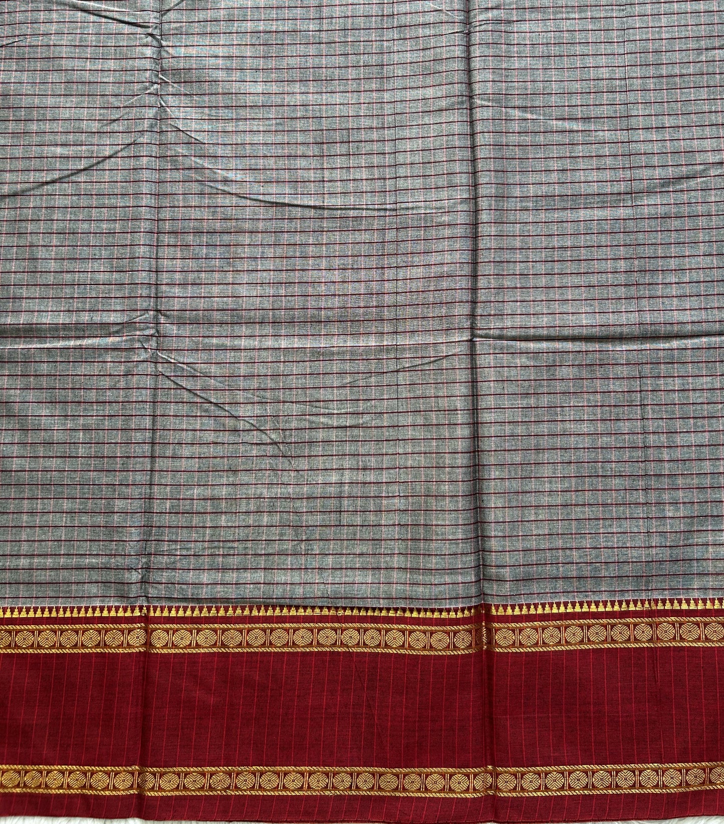 Narayanpet Cotton Checks Saree Pewter Gray Colored Complemented with a Thread Border. - Sampradaya Designer Studio