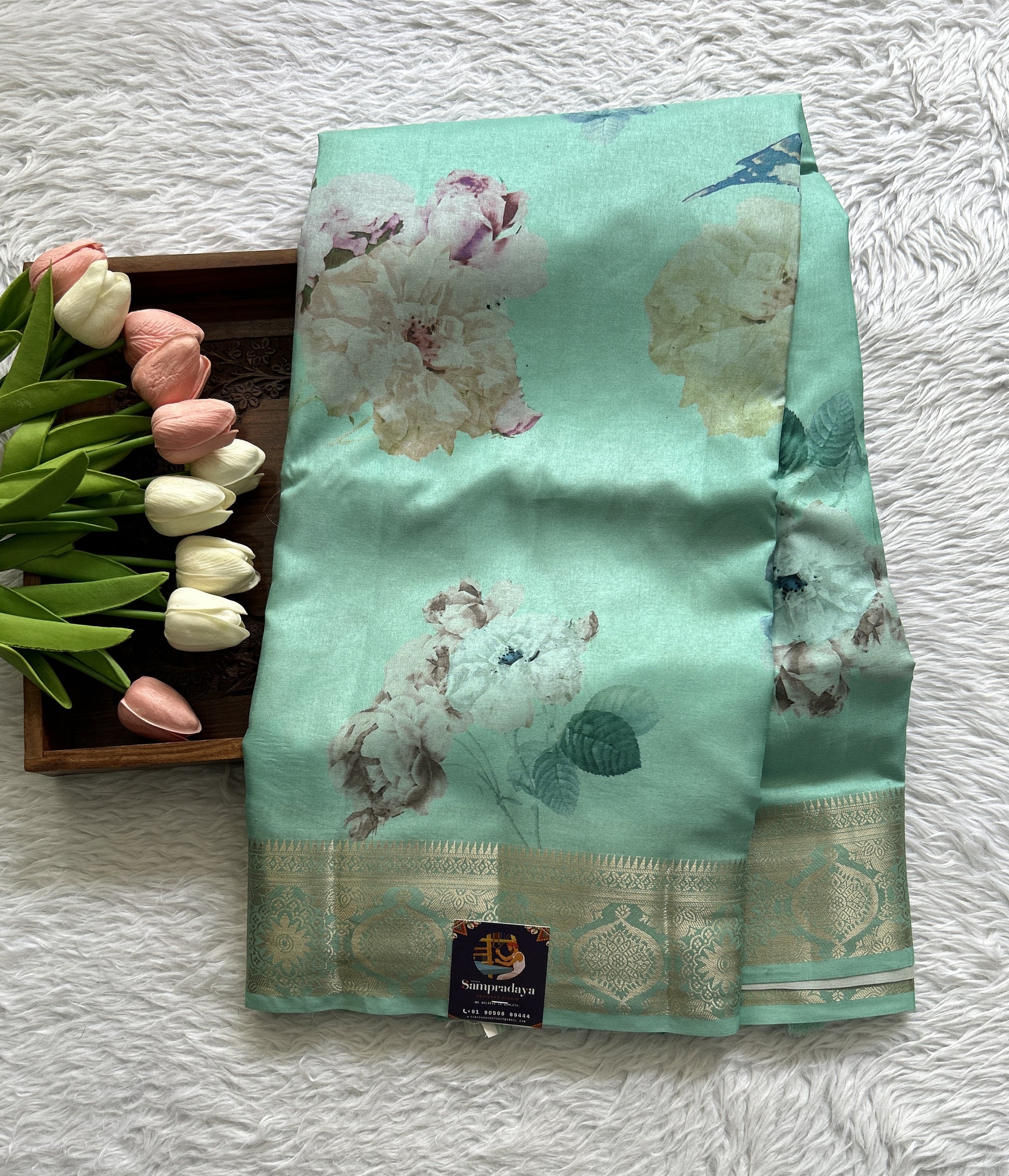 Banarasi Soft Silk Saree Aqua Green Colored Complemented with a Zari Border. - Sampradaya Designer Studio