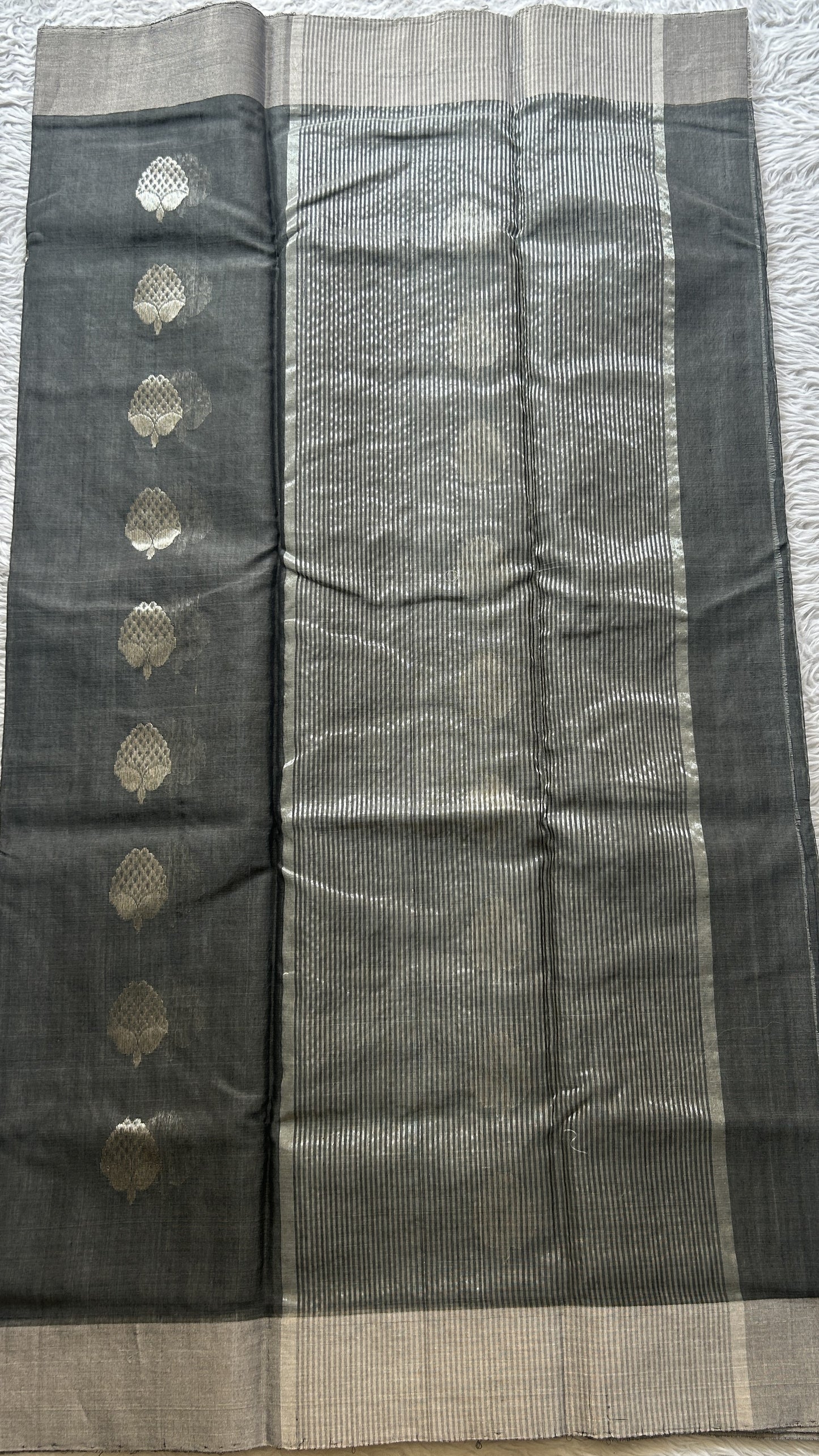 Chanderi Sico Saree Gray Colored Complemented with a Zari Border. - Sampradaya Designer Studio