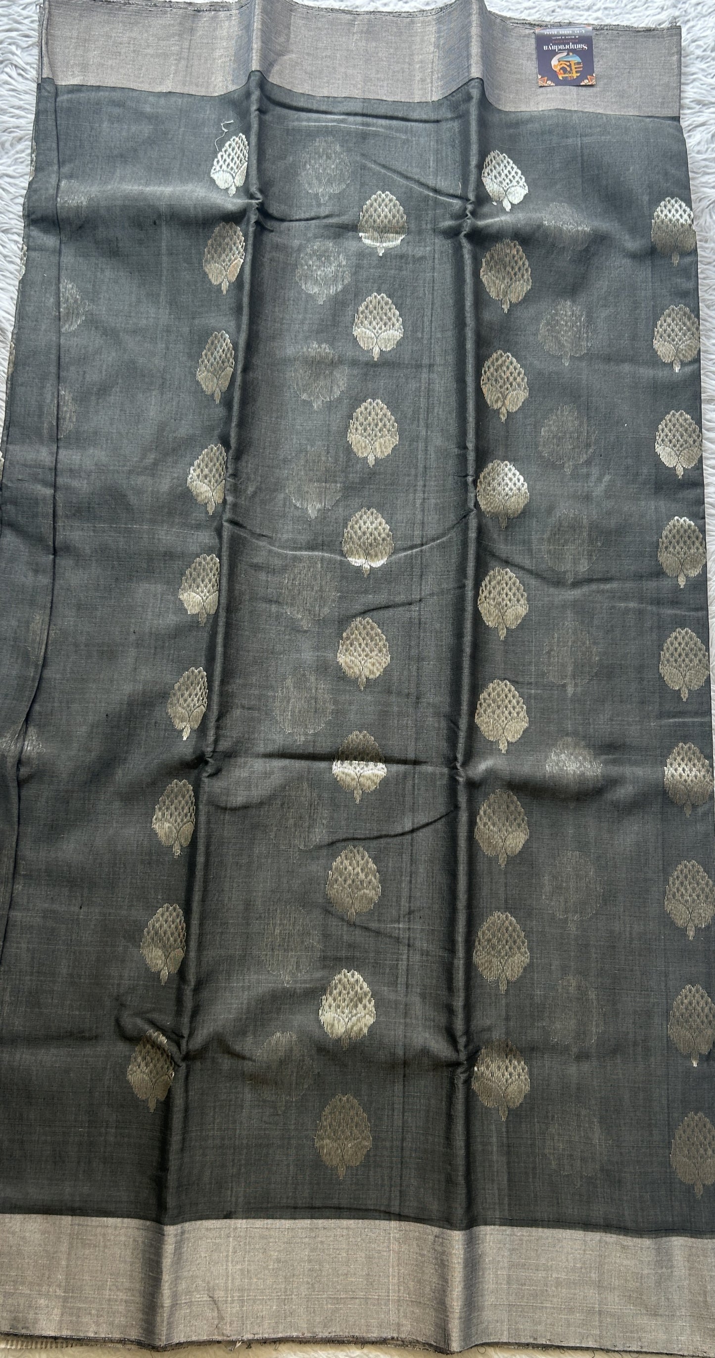 Chanderi Sico Saree Gray Colored Complemented with a Zari Border. - Sampradaya Designer Studio