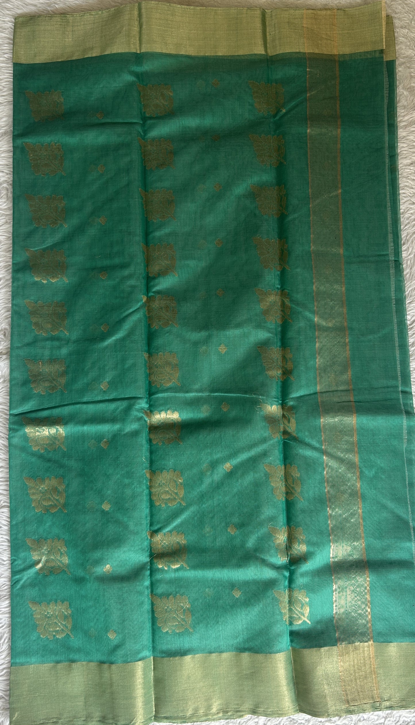 Chanderi Sico Saree Greenish Turquoise Colored Complemented with a Zari Border. - Sampradaya Designer Studio