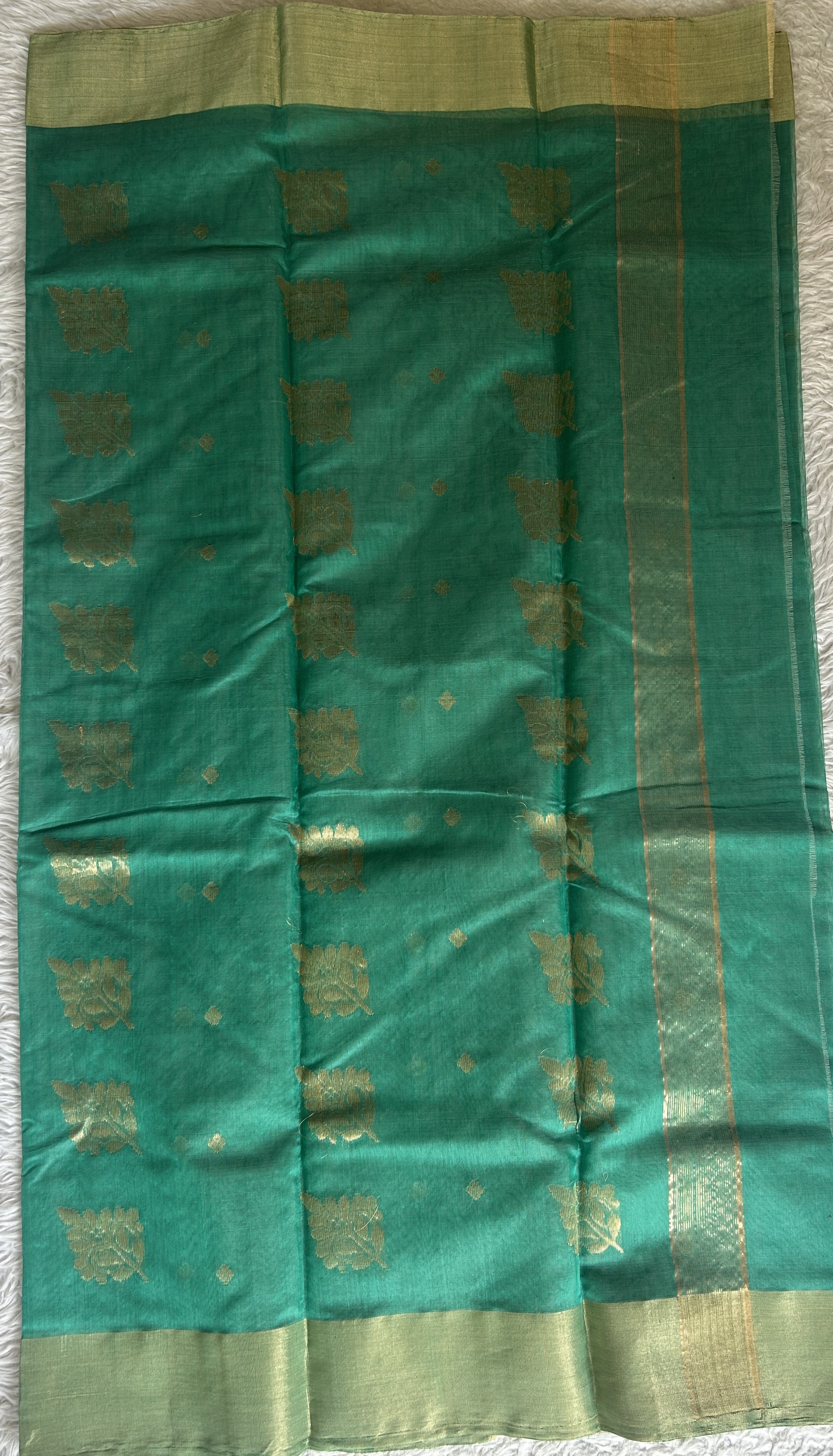 Chanderi Sico Saree Greenish Turquoise Colored Complemented with a Zari Border. - Sampradaya Designer Studio