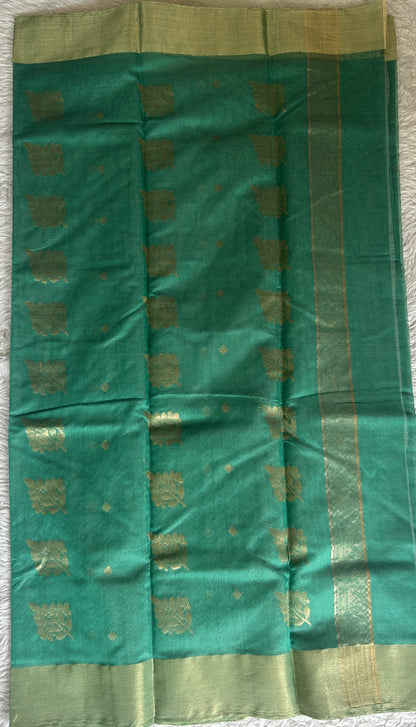 Chanderi Sico Saree Greenish Turquoise Colored Complemented with a Zari Border. - Sampradaya Designer Studio