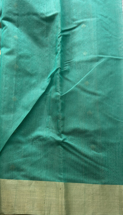 Chanderi Sico Saree Greenish Turquoise Colored Complemented with a Zari Border. - Sampradaya Designer Studio