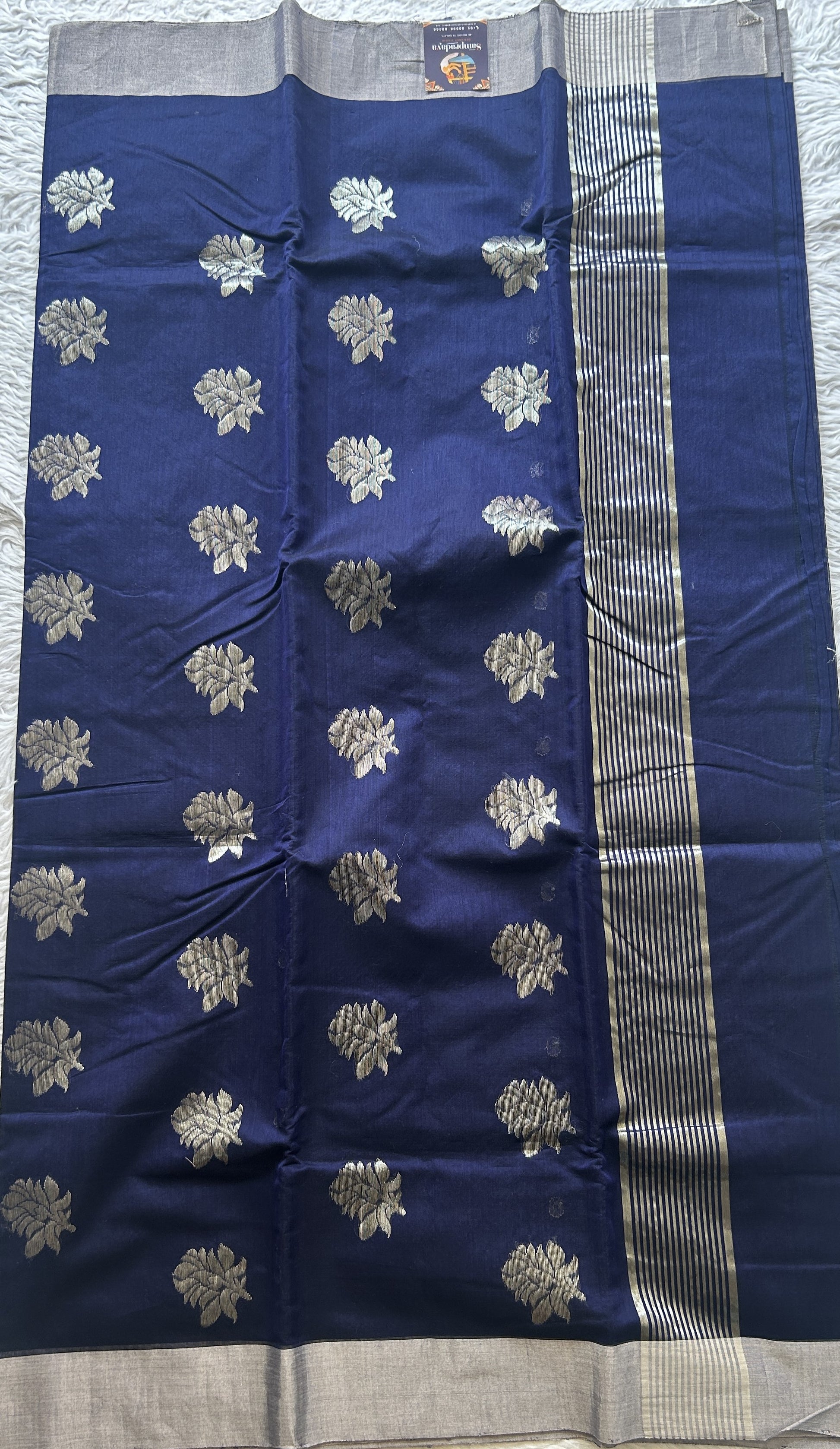 Chanderi Sico Saree Blue Colored Complemented with a Zari Border. - Sampradaya Designer Studio