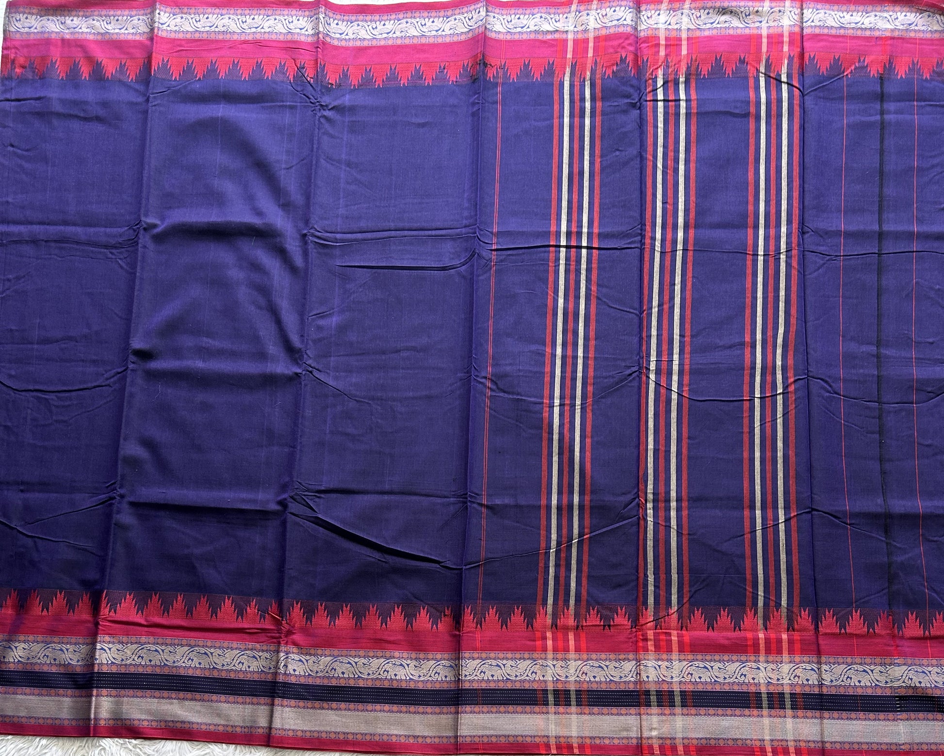 Narayanpet Cotton Saree Denim Blue Colored  Complemented with a Thread Border. - Sampradaya Designer Studio