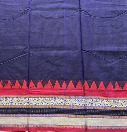Narayanpet Cotton Saree Denim Blue Colored  Complemented with a Thread Border. - Sampradaya Designer Studio