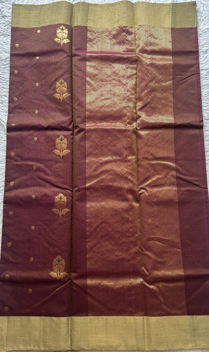 Chanderi Sico Saree Jam Colored Complemented with a Zari Border. - Sampradaya Designer Studio