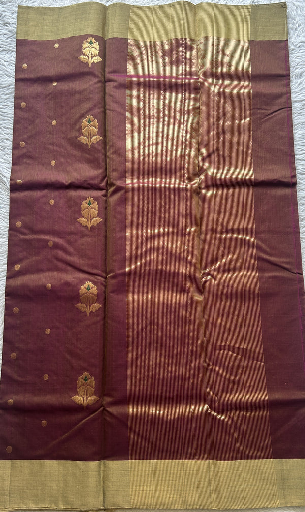 Chanderi Sico Saree Jam Colored Complemented with a Zari Border. - Sampradaya Designer Studio