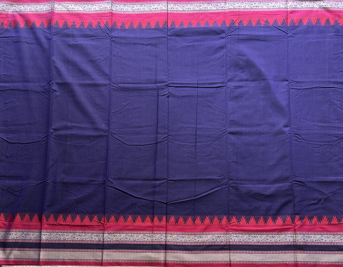 Narayanpet Cotton Saree Denim Blue Colored  Complemented with a Thread Border. - Sampradaya Designer Studio