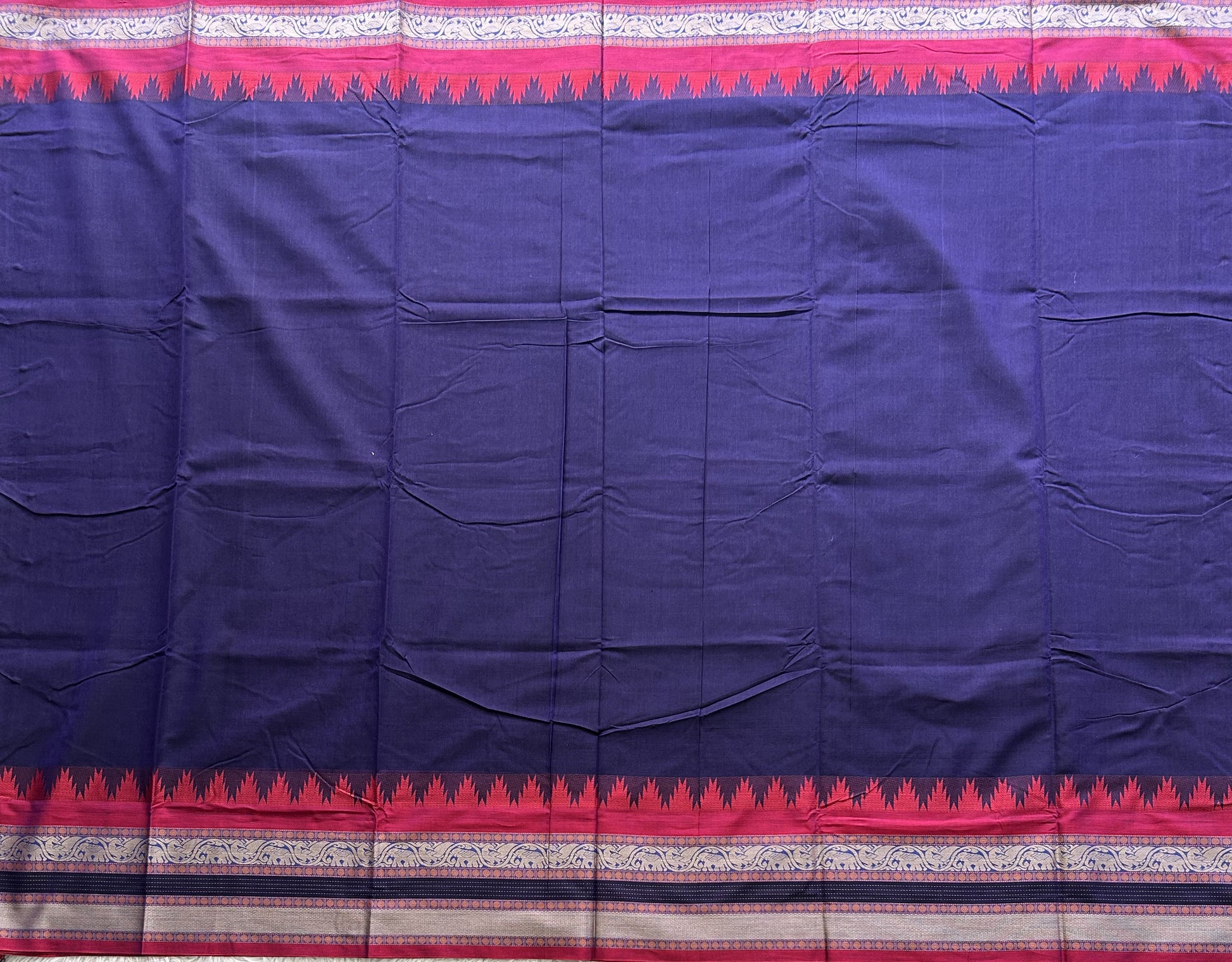 Narayanpet Cotton Saree Denim Blue Colored  Complemented with a Thread Border. - Sampradaya Designer Studio