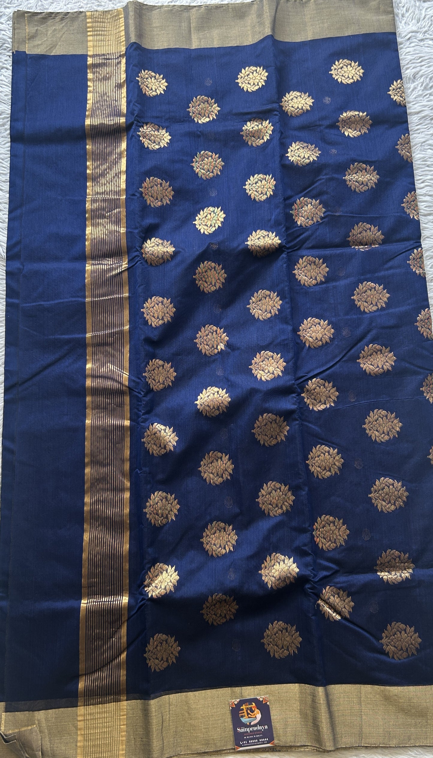 Chanderi Sico Saree Navy Blue Colored Complemented with a Zari Border. - Sampradaya Designer Studio