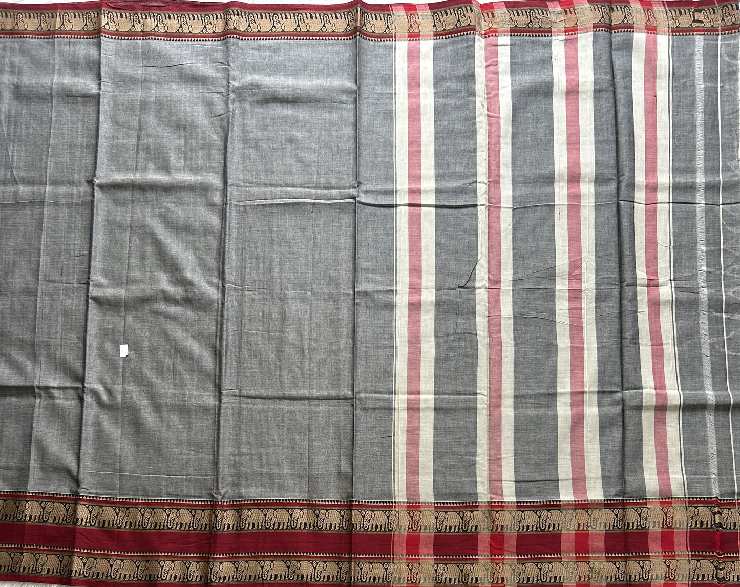 Narayanpet Cotton Saree Fossil Gray Colored Complemented with a Thread Border. - Sampradaya Designer Studio