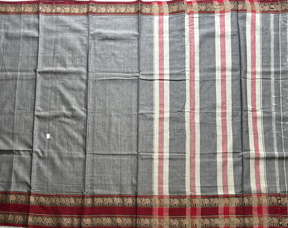 Narayanpet Cotton Saree Fossil Gray Colored Complemented with a Thread Border. - Sampradaya Designer Studio