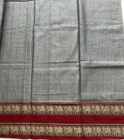 Narayanpet Cotton Saree Fossil Gray Colored Complemented with a Thread Border. - Sampradaya Designer Studio