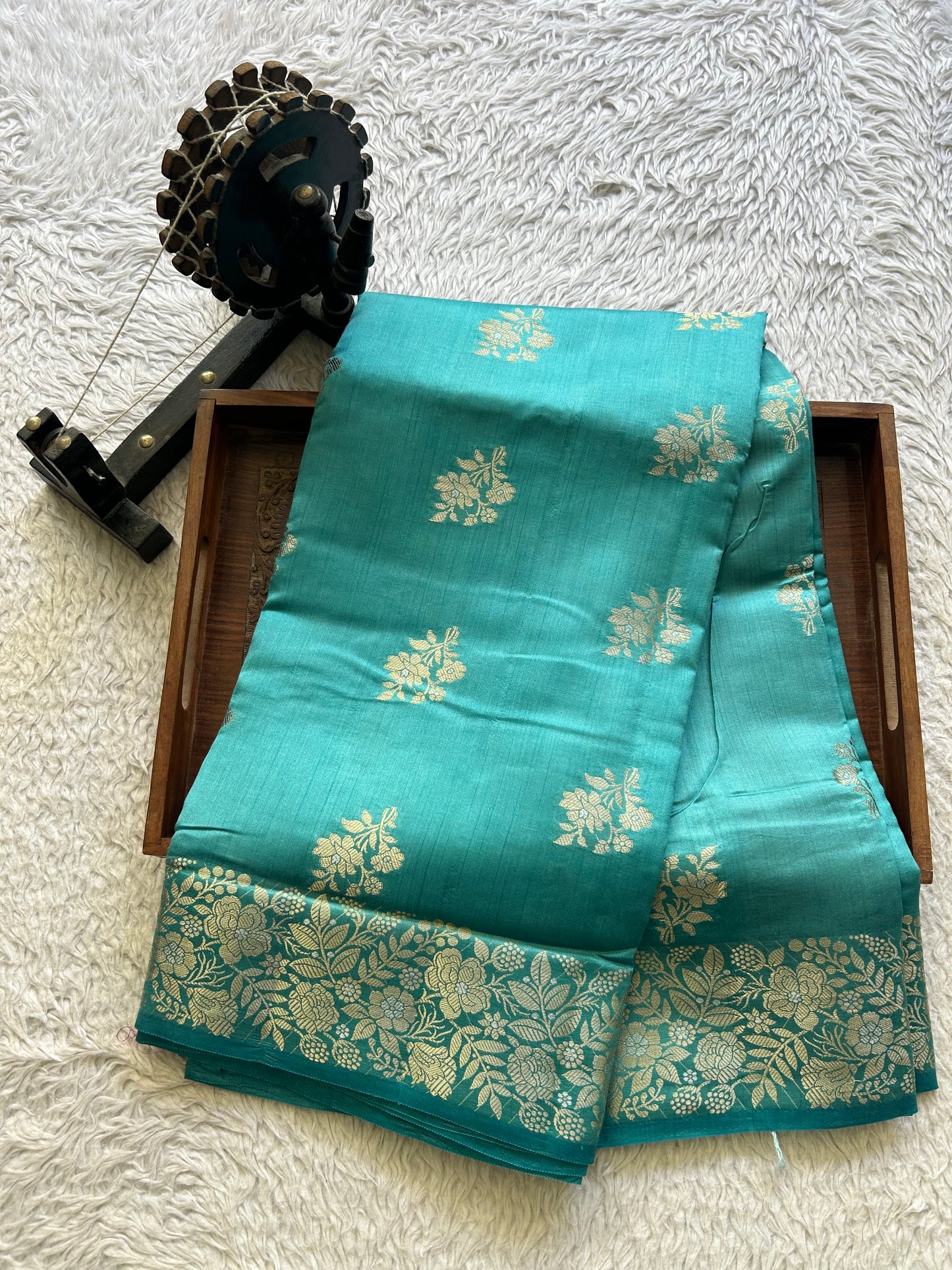 Chiniya Silk Saree Dark Sky Blue Colored Elegantly Paired with a Silver Zari Border. - Sampradaya Designer Studio
