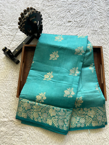 Chiniya Silk Saree Dark Sky Blue Colored Elegantly Paired with a Silver Zari Border. - Sampradaya Designer Studio