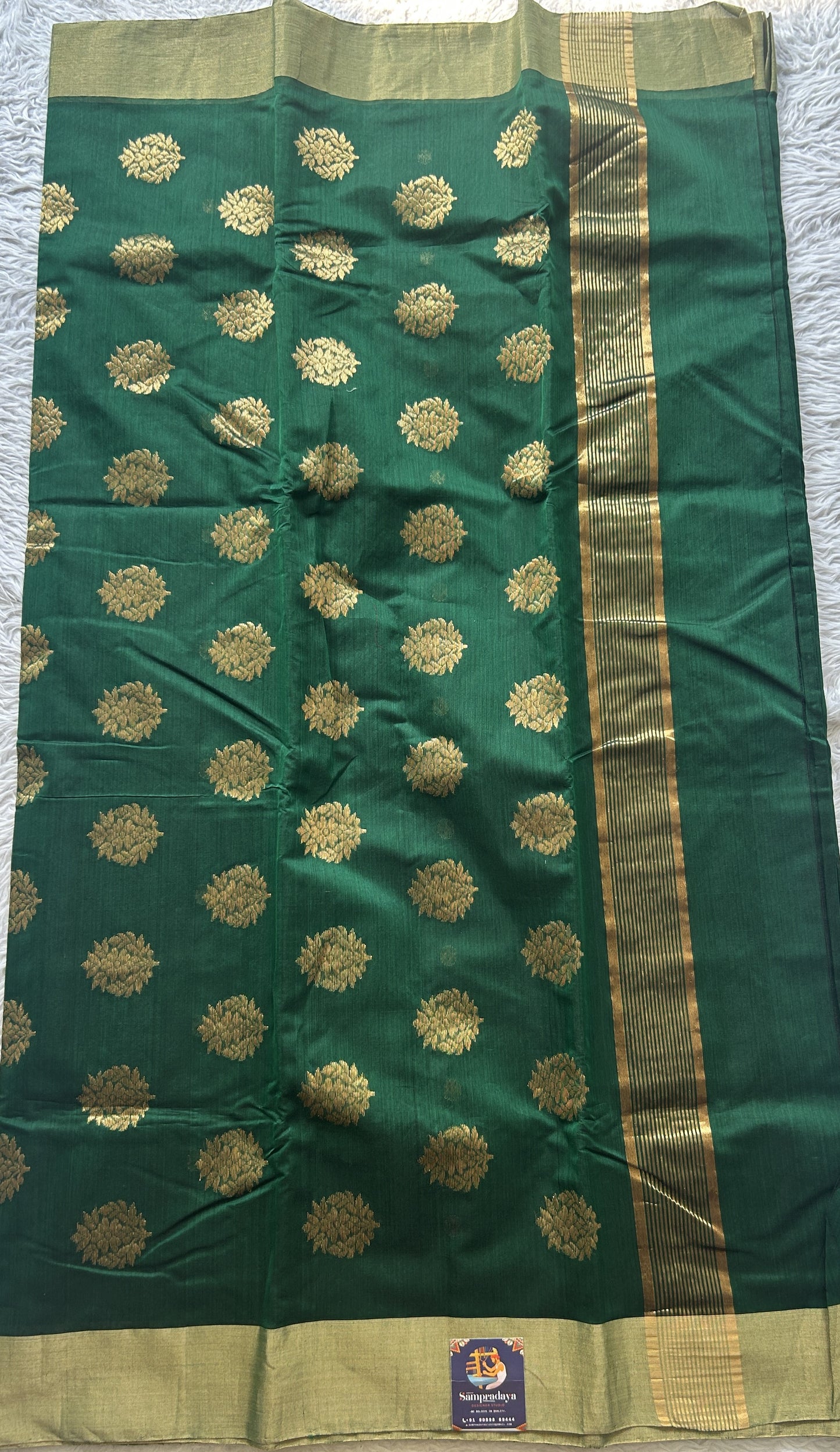 Chanderi Sico Saree Dark Green Colored Complemented with a Zari Border. - Sampradaya Designer Studio