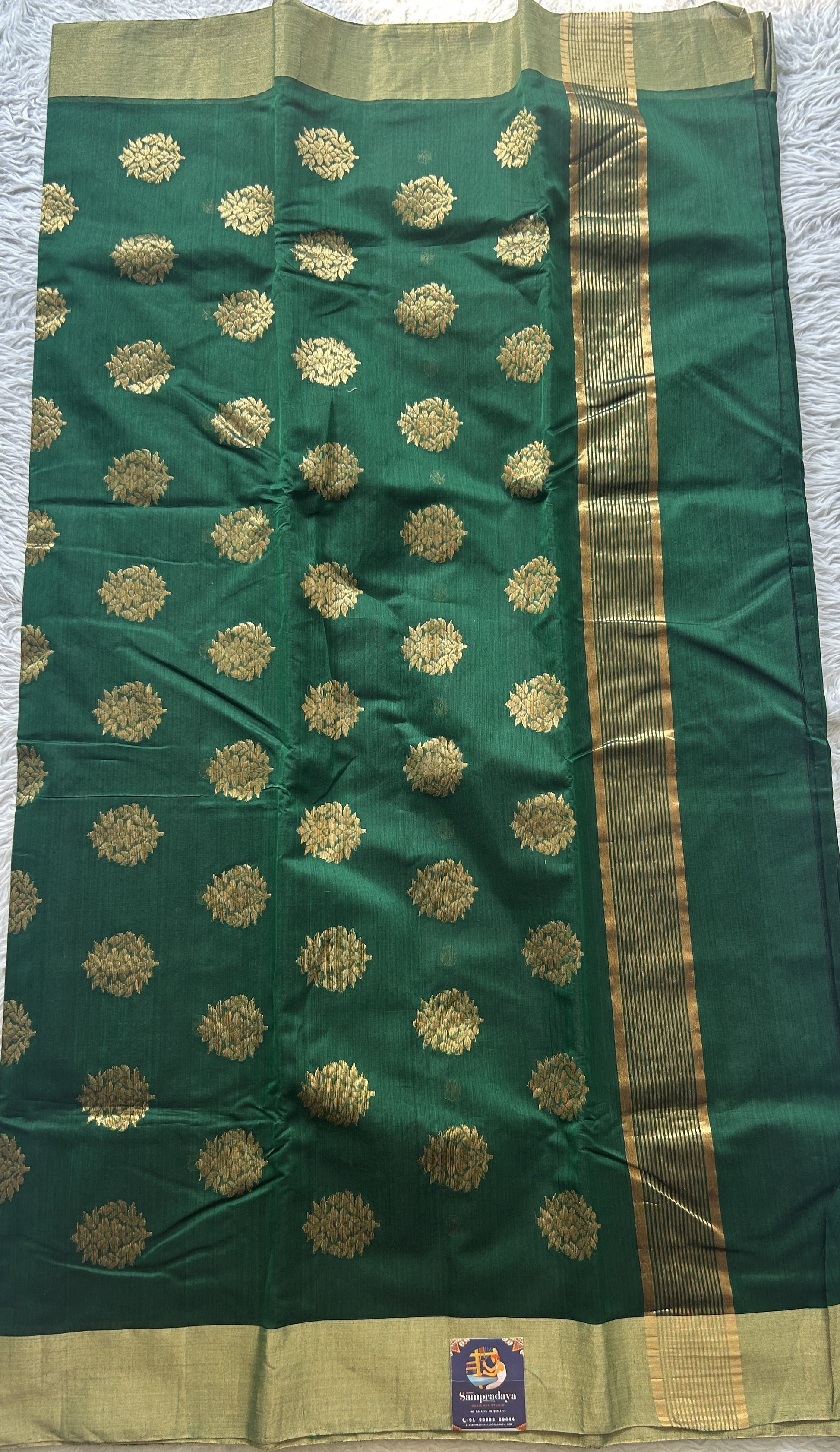 Chanderi Sico Saree Dark Green Colored Complemented with a Zari Border. - Sampradaya Designer Studio