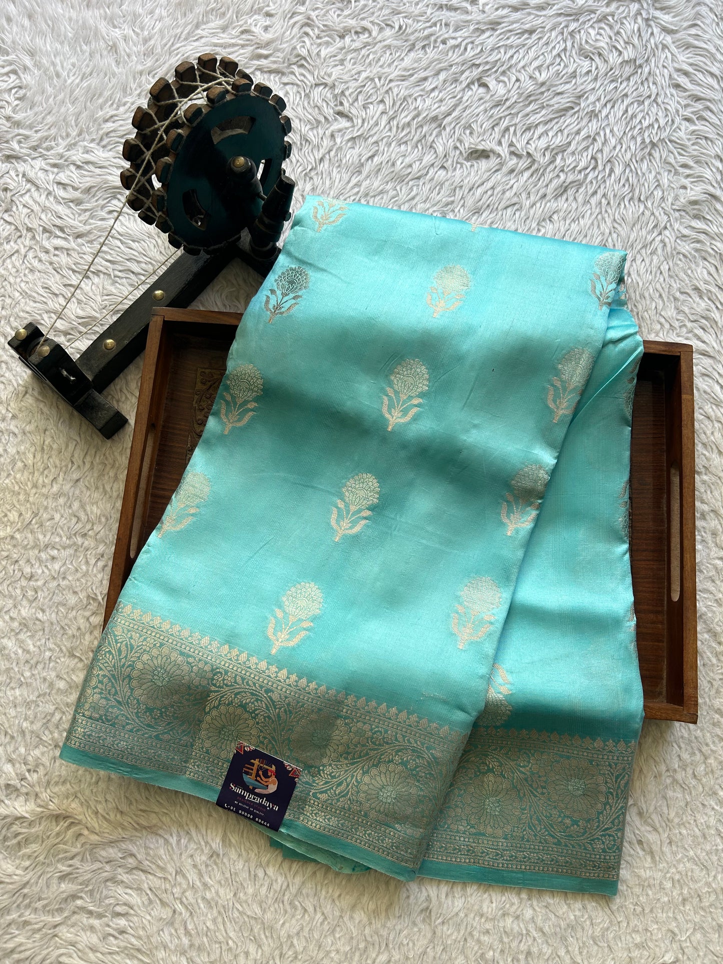 Pure Chiniya Silk Saree Light Sky Blue Colored Elegantly Paired with a Silver Zari Border. - Sampradaya Designer Studio