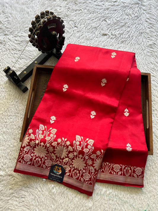 Pure Chiniya Silk Saree Dark Tomato Red Colored Elegantly Paired with a Silver Zari Border.