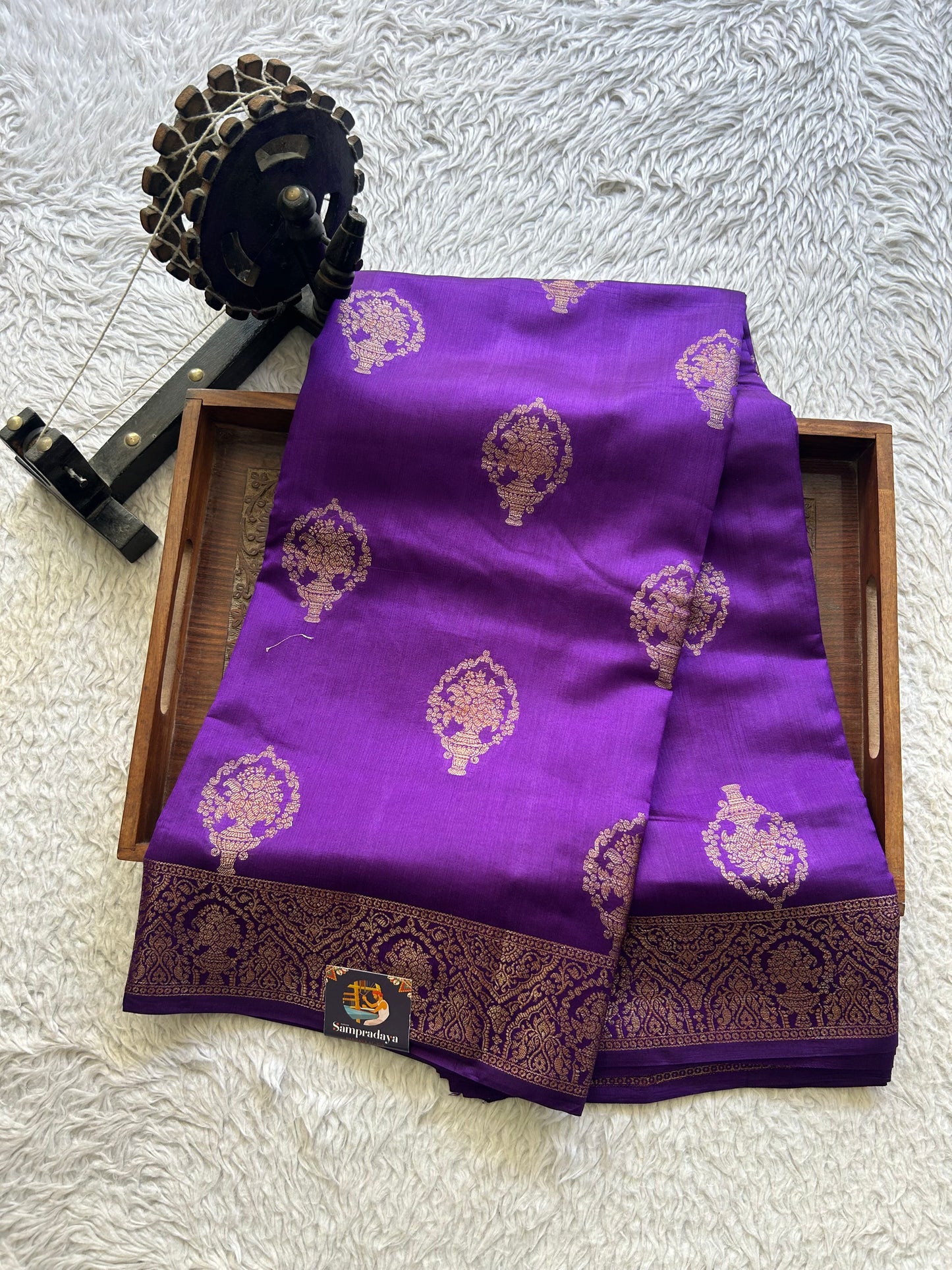 Pure Chiniya Silk Saree Eggplant Colored Elegantly Paired with a Gold Zari Border. - Sampradaya Designer Studio