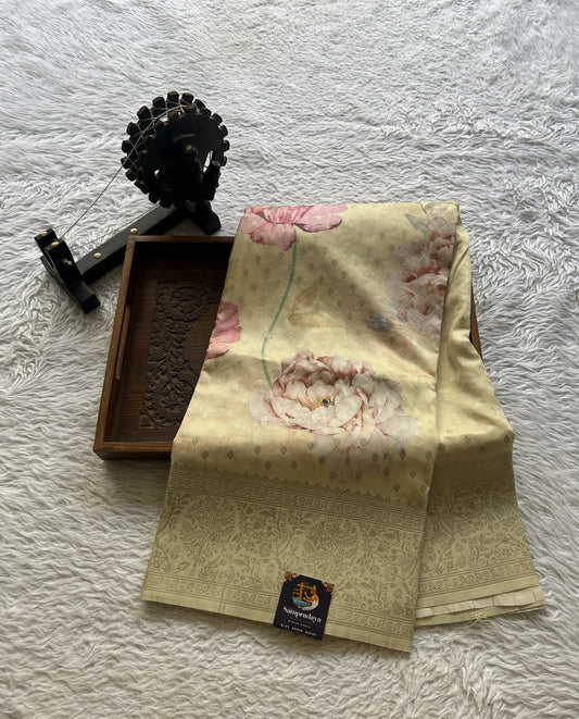 Semi Georgette Saree Very Light Blouse Colored Complemented with a Zari Border. - Sampradaya Designer Studio