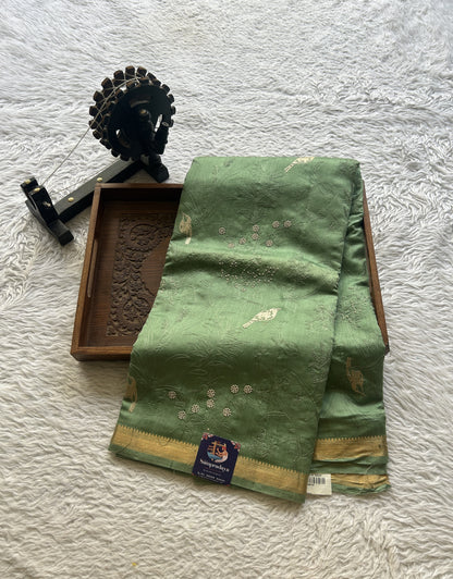 Chiniya Silk Saree Cadmium Green Colored Exquisite with a Zari Border. - Sampradaya Designer Studio