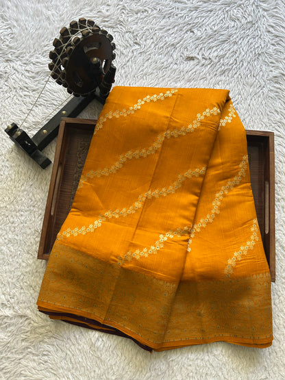 Pure Chiniya Silk Saree Apricot Colored Elegantly Paired with a Gold Zari Border. - Sampradaya Designer Studio