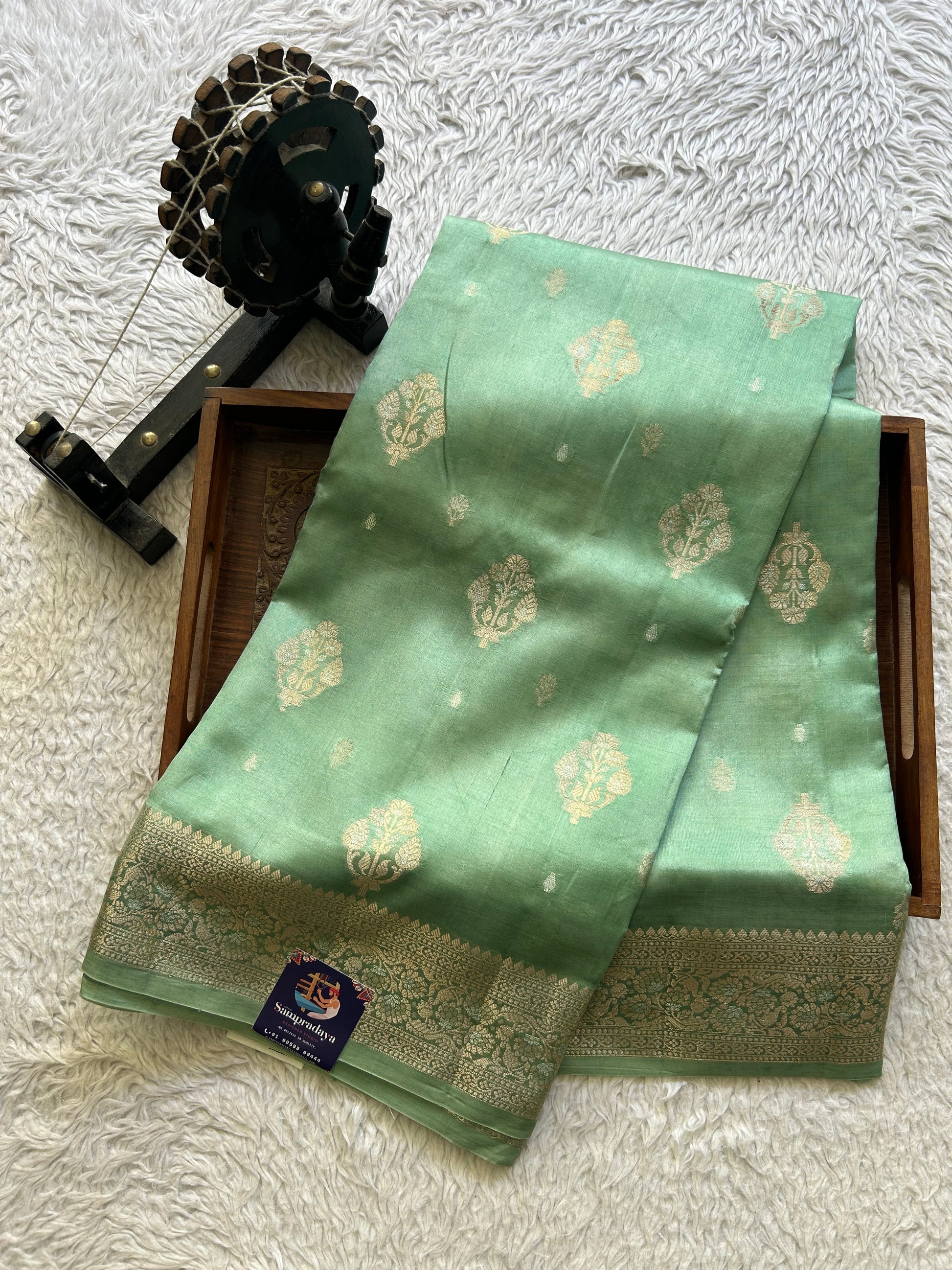 Pure Chiniya Silk Saree Light Mint Green Colored Elegantly Paired with a Gold Zari Border. - Sampradaya Designer Studio