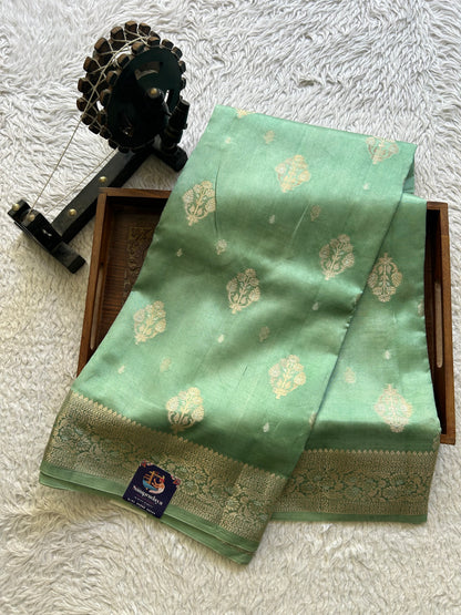 Pure Chiniya Silk Saree Light Mint Green Colored Elegantly Paired with a Gold Zari Border. - Sampradaya Designer Studio