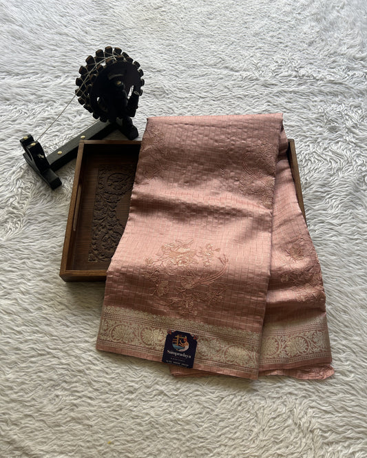 Chiniya Silk Saree Baby Pink Colored Exquisite with a Zari Border. - Sampradaya Designer Studio