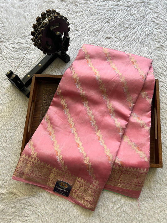 Pure Chiniya Silk Saree Dark Baby Pink Colored Elegantly Paired with a Silver Zari Border.