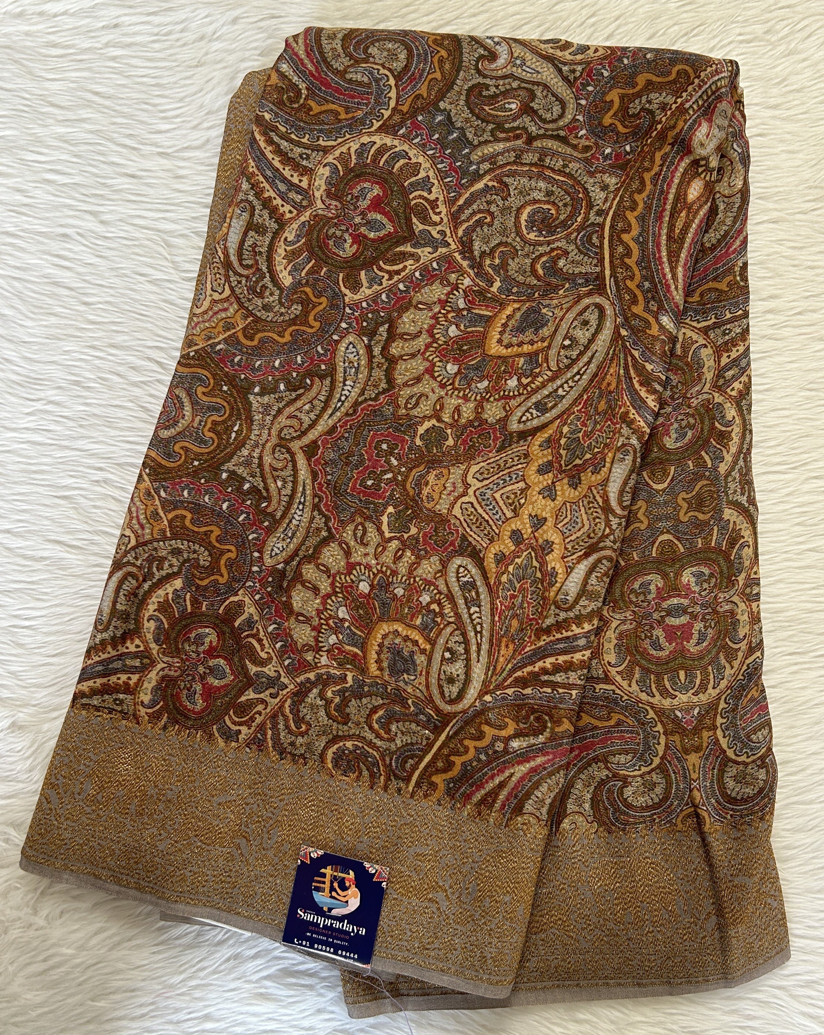 Pure Georgette Saree Multi colored Saree | Gray Color Gold Zari border ...