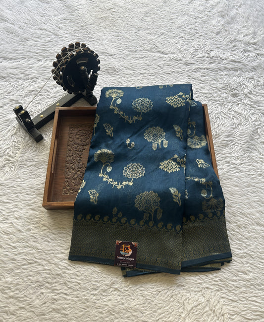 Banarasi Tussar Georgette Saree German Blue Colored Exquisite Zari Border. - Sampradaya Designer Studio