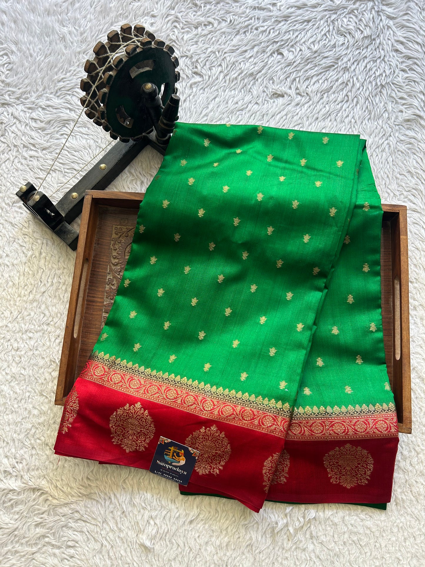 Pure Chiniya Silk Saree Light Green Colored Elegantly Paired with a Gold Zari Border. - Sampradaya Designer Studio