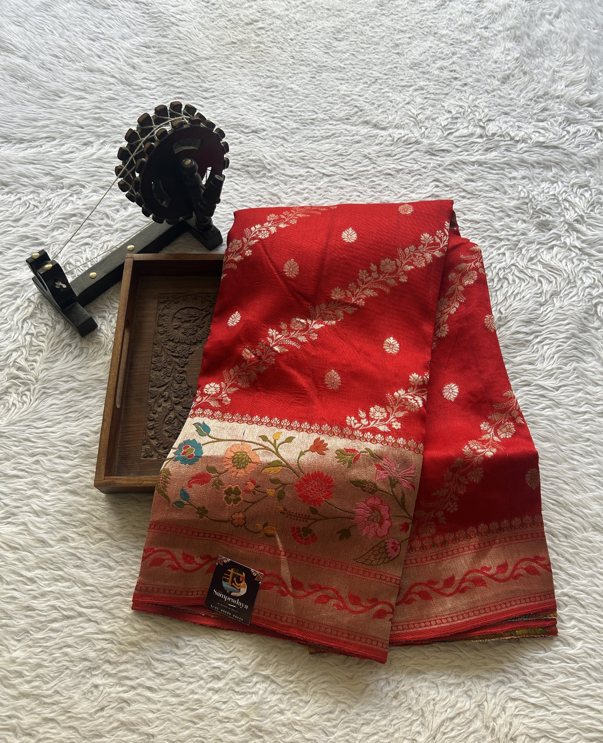 Banarasi Tussar Georgette Saree Red Colored Exquisite Zari Border. - Sampradaya Designer Studio