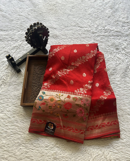 Banarasi Tussar Georgette Saree Red Colored Exquisite Zari Border. - Sampradaya Designer Studio