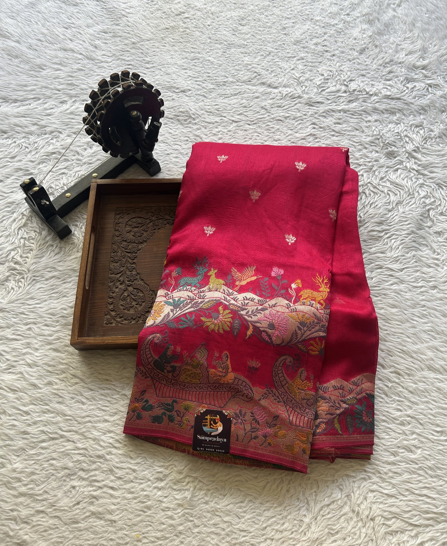 Banarasi Tussar Georgette Saree Dark Pink Colored Exquisite Minakari Border. - Sampradaya Designer Studio